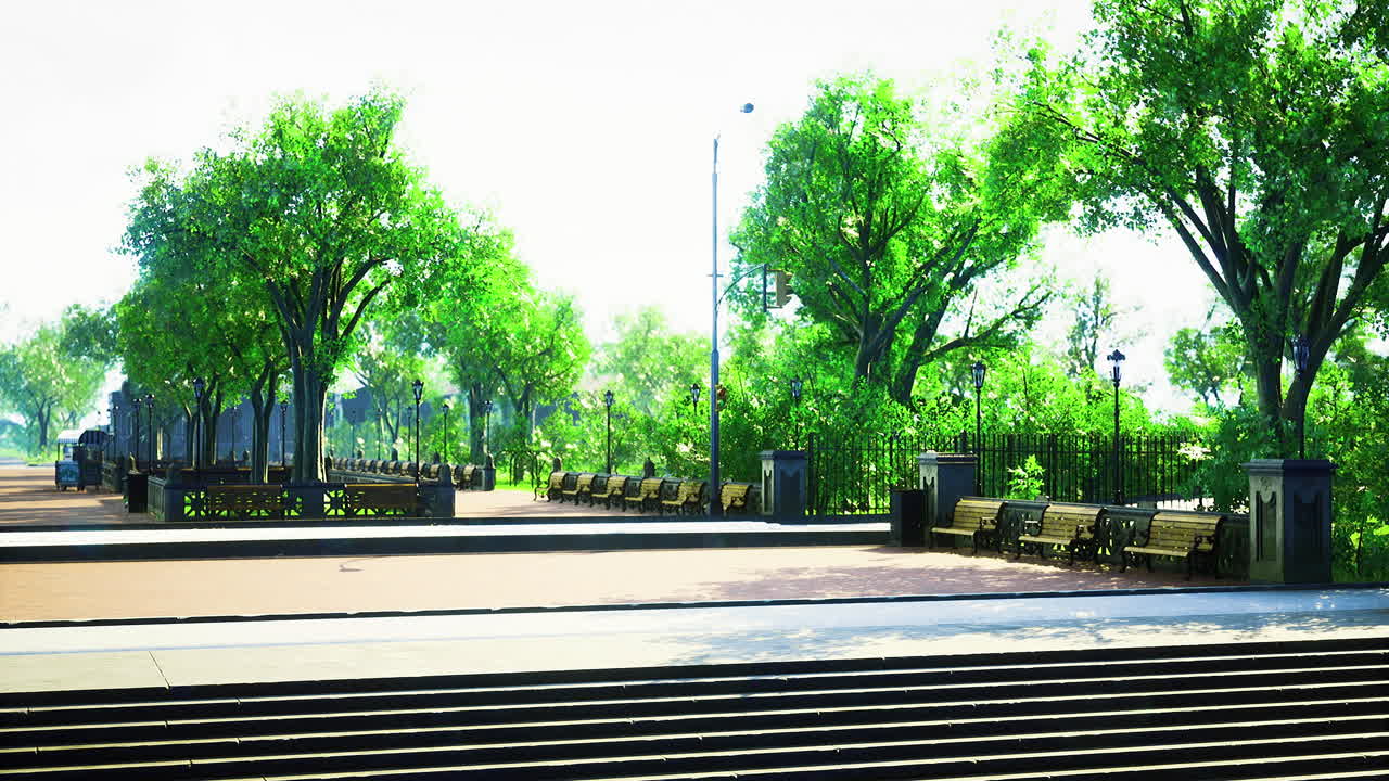 Sunny urban park with benches and lush greenery in a vibrant setting