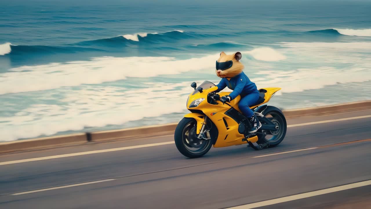 Hámster Montando una Motocicleta Deportiva Amarilla en una Carretera Costera