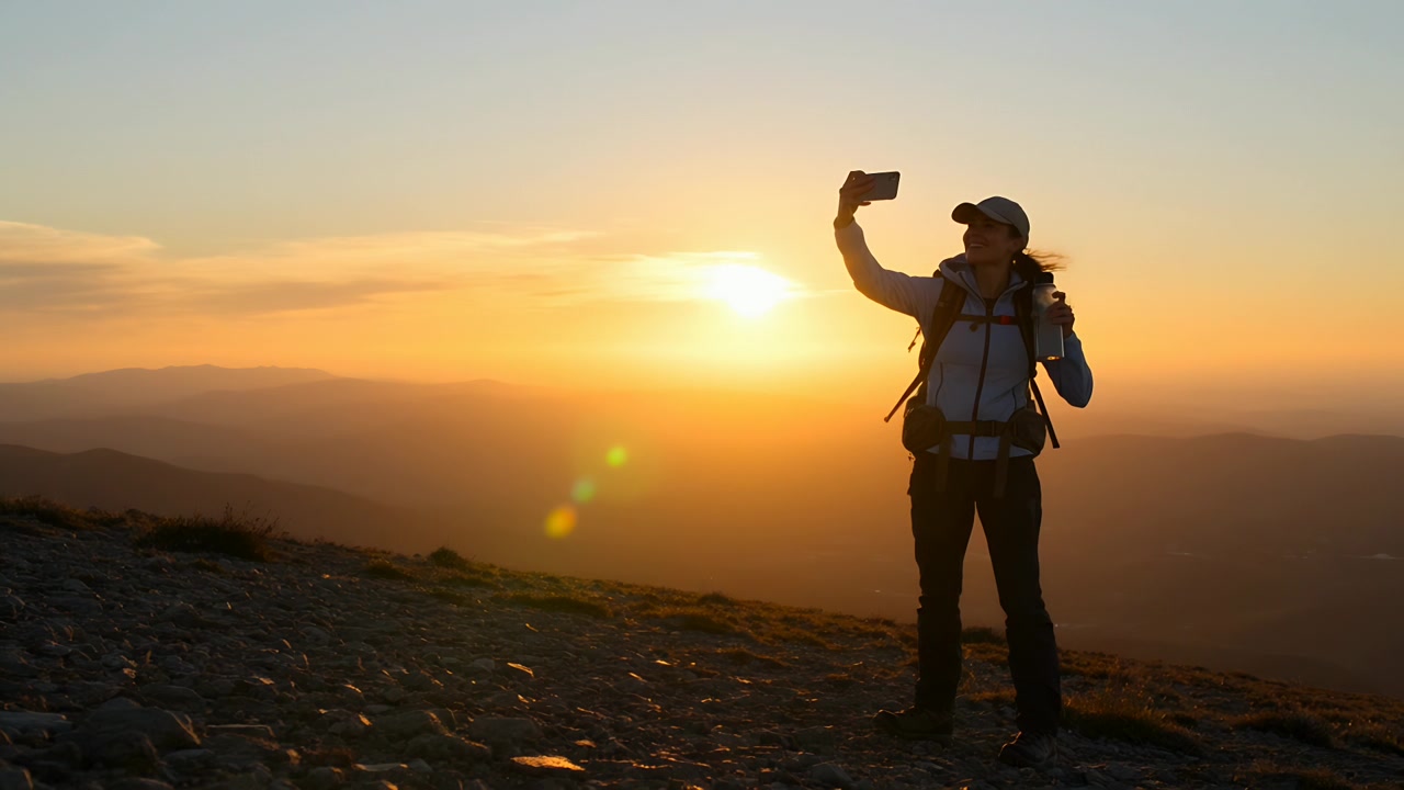 Framing cap-wearing hiker near sunset, raising phone to shoot sun and sipping bottle, copy space