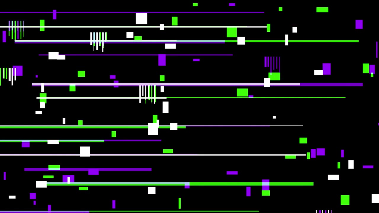 Digitaler Glitch-Effekt mit grünen und lila geometrischen Formen