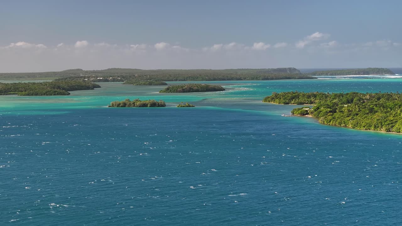 Beautiful coastal landscape of small islands group in Vava'u Tonga. Summer sunny day. Aerial panorama