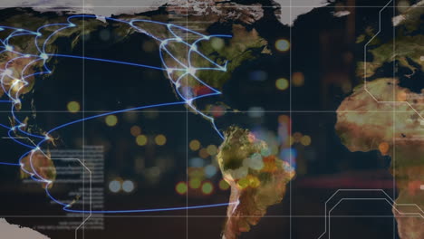 animation of data processing over network of travel connections on world map and blurred city lights