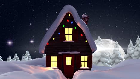 Animation-of-winter-scenery-with-house,-fir-trees,-glowing-star-and-snow-falling