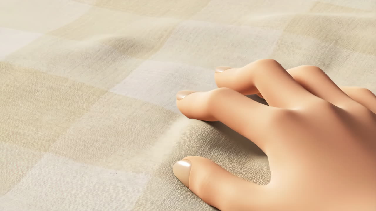 A 3D rendered hand touching a checkered fabric