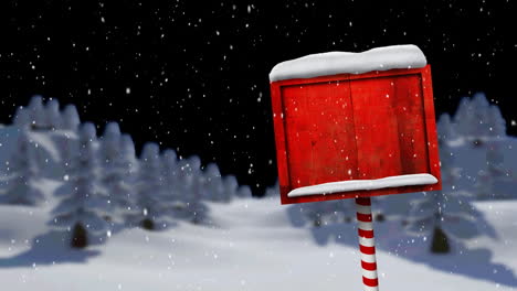 animation of snow falling and north pole sign with copy space over winter scenery