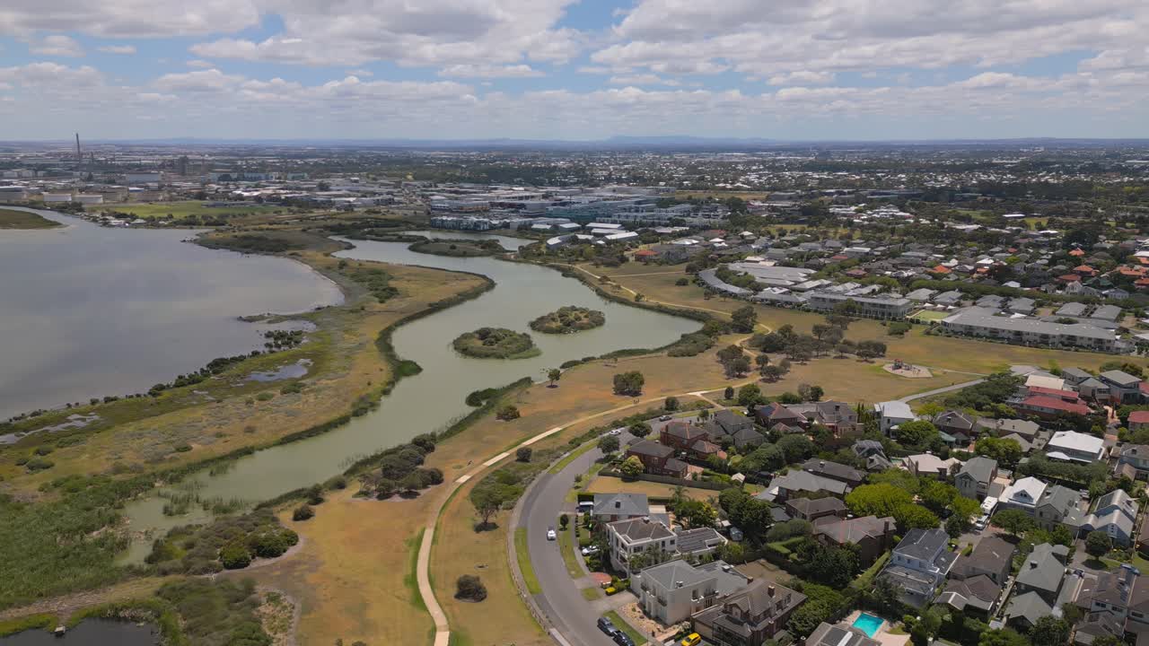 Horizontal panning drone footage of Williamstown and the Jawbone Nature Conservation Reserve.