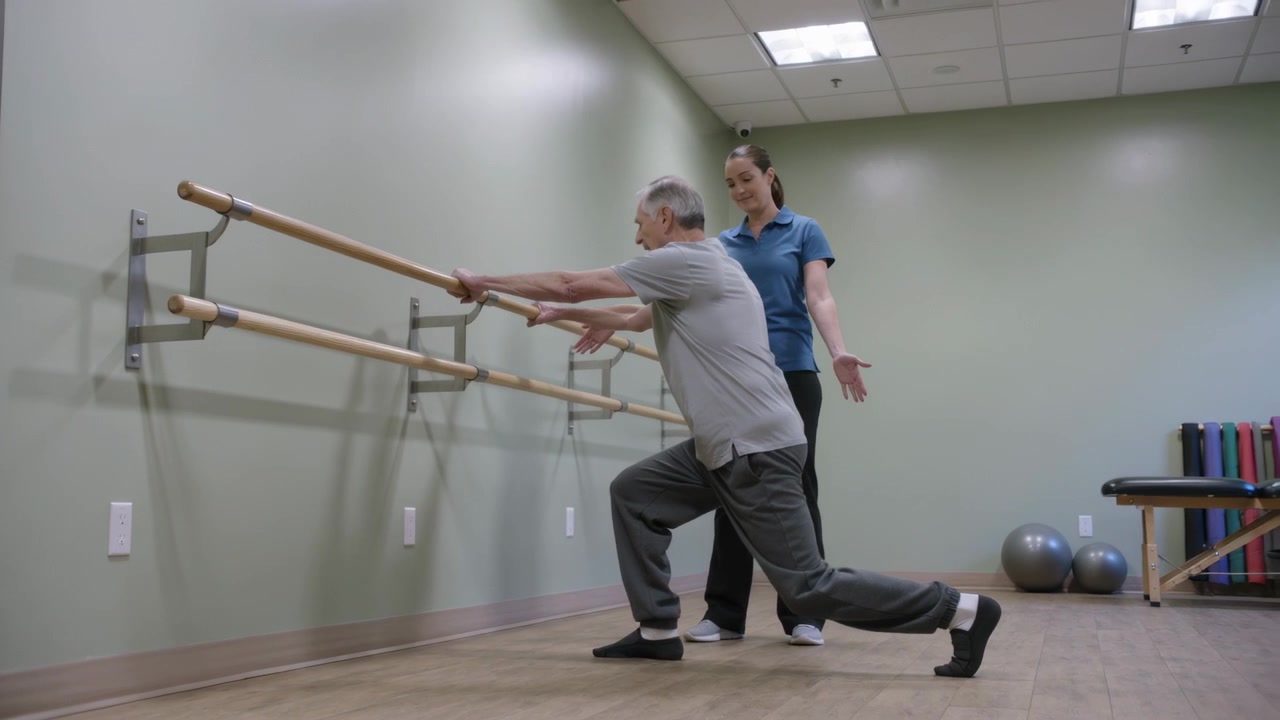 Shifting weight gray-clad patient lunging at barre in clinic for rehab, clinician monitoring