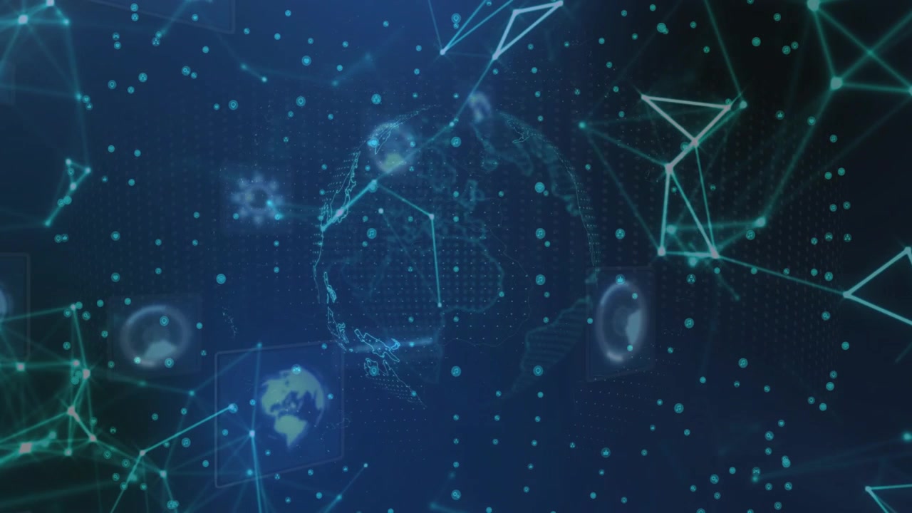 Holographic globe rotating on data pulse, HUD rings pulsing and nodes linking to show connectivity