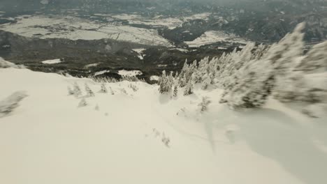 proximity flying down from top of the mountain with fpv drone, real speed, winter and a lot of snow