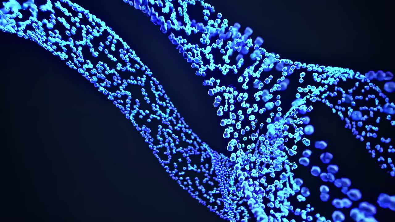 Dynamic video of glowing blue particles forming a wave pattern, captured from a low-angle