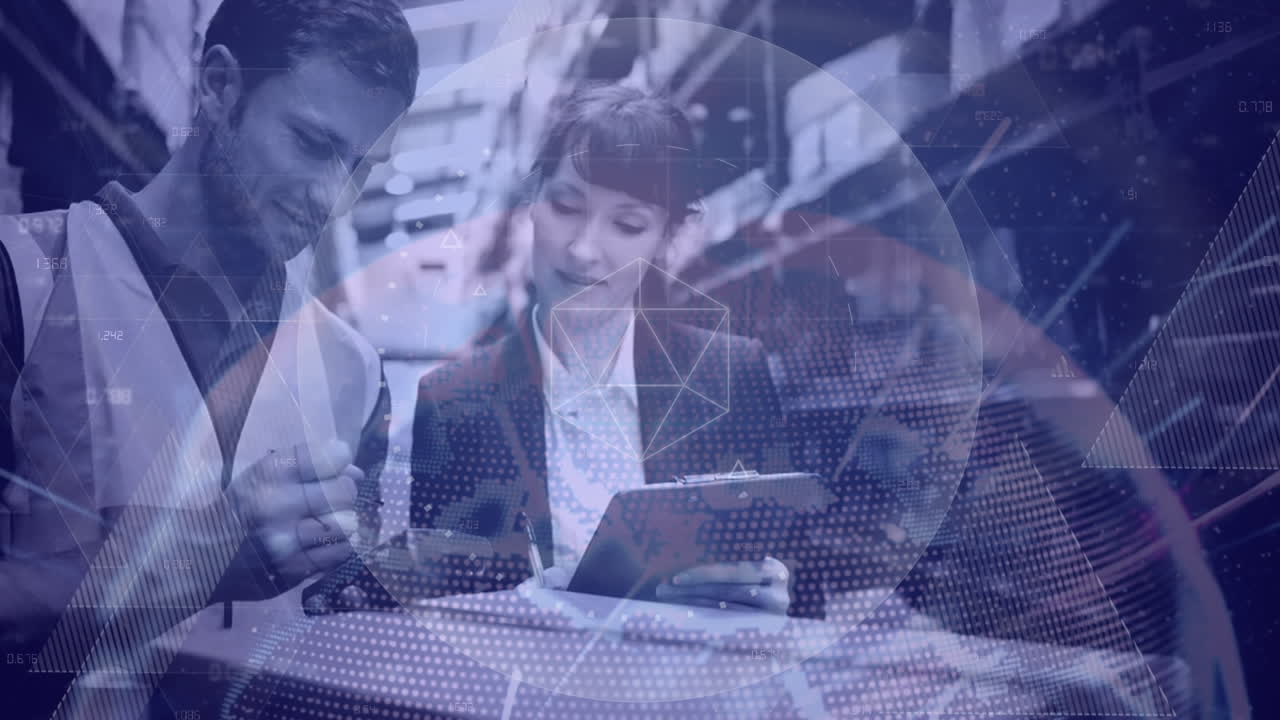 창고 구성: 창고에서 일하는 남자와 여자가 투어의 애니메이션과 결합되었습니다.