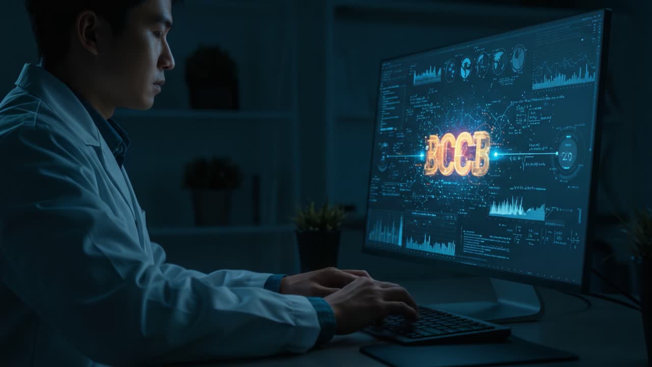 En fokusert forsker analyserer komplekse datavisualiseringer på en glødende skjerm, som fremhever avansert analyse og innovativ teknologi i en svakt opplyst arbeidsplass