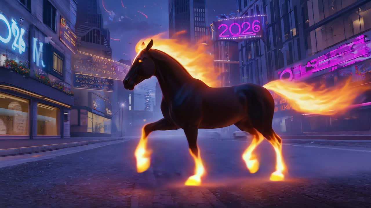 Brændende hest i et futuristisk bybillede