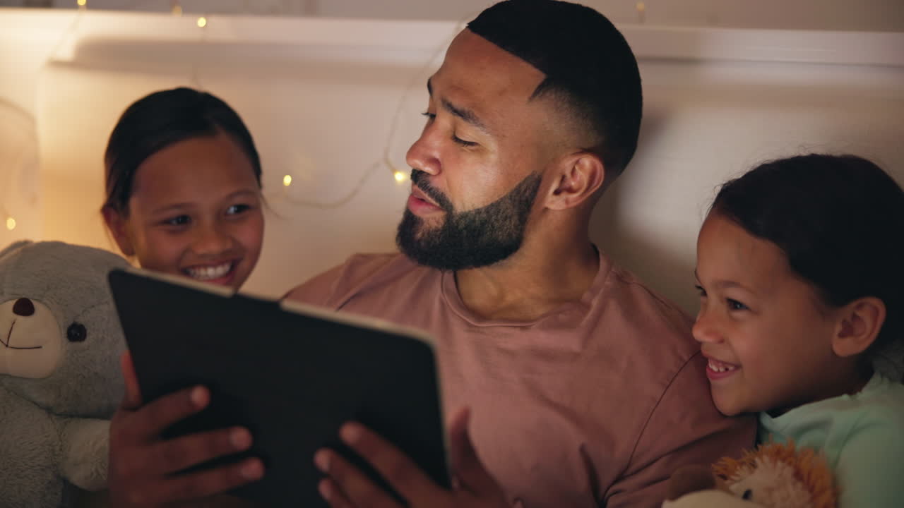 Father, children and tablet in bedroom at night