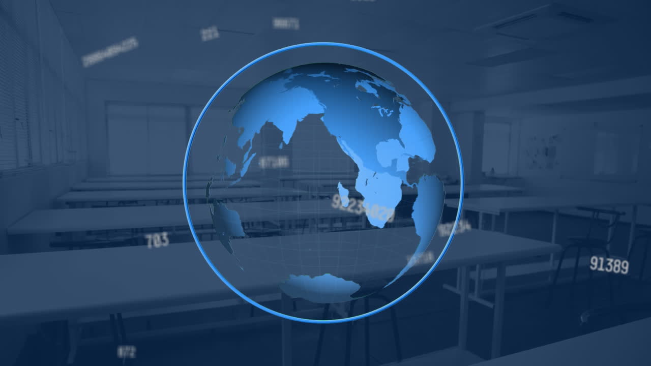 바뀌는 숫자의 디지털 구성은 빈 교실에 대해 회전하는 지구를 넘어 떨어집니다.