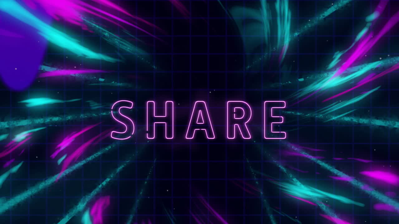 어두운 격자 배경에 네온 빛 줄무를 통해 텍스트 애니메이션을 공유