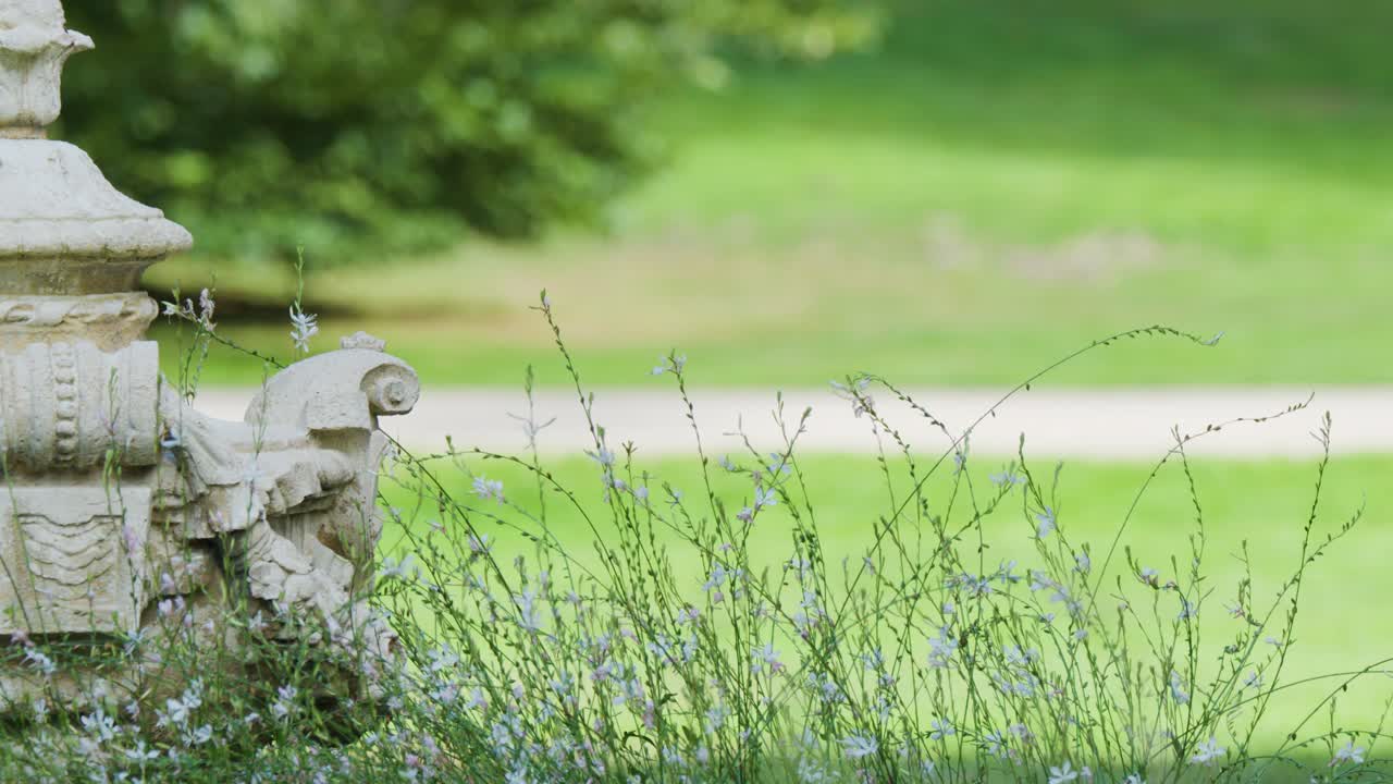 Ornate stone statue beside blooming garden, soft daylight, static camera, tranquil outdoor atmosphere