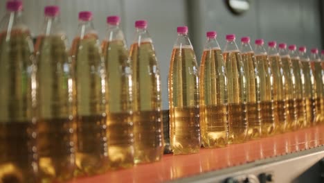 plastic bottles on a conveyor belt in a beverage factory