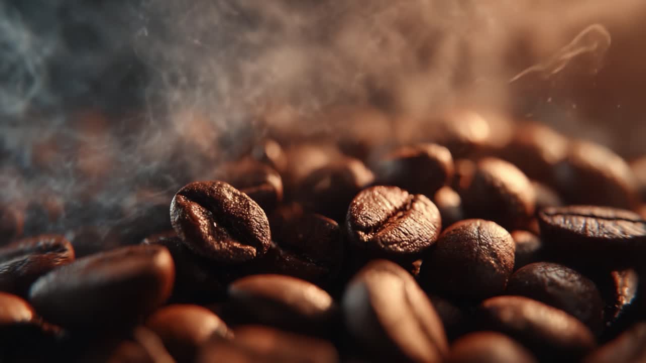 Fængslende billeder af ristede kaffebønner, der afgiver aromatisk damp: En nærbillede-udforskning af de rige teksturer og farver i friskbrygget kaffe.