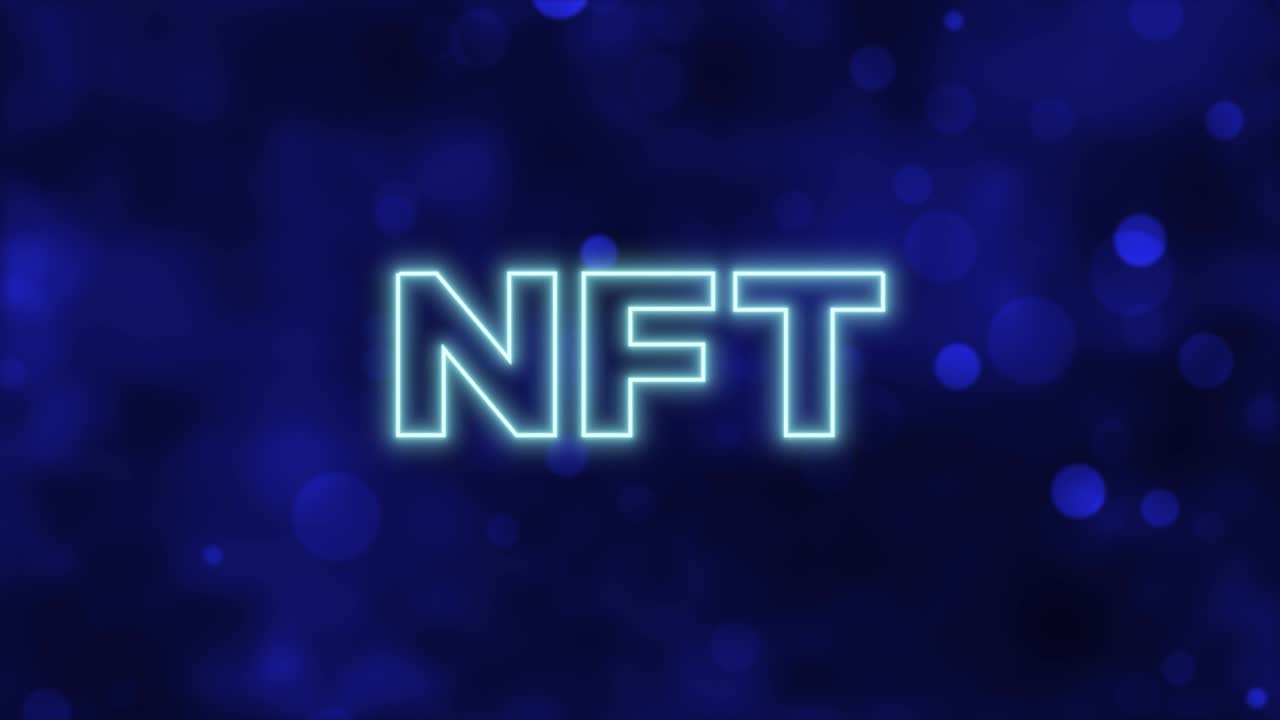Neon NFT Inscription on Blue Bokeh Lights Background. NFT Cryptoart Concept. 4K
