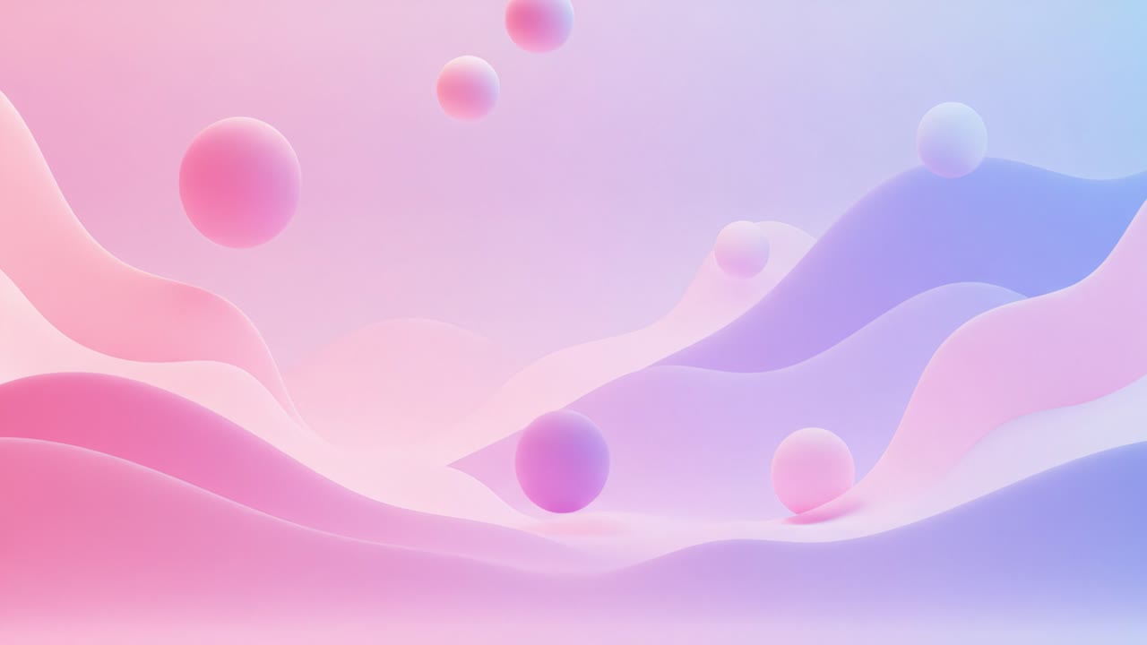 Soft pastel colors blend harmoniously in this serene composition, featuring gentle curves and floating spheres. This visually calming atmosphere evokes feelings of tranquility and creativity. The waves undulate smoothly, inviting viewers to engage with the soothing elements of the design. Ideal for 
