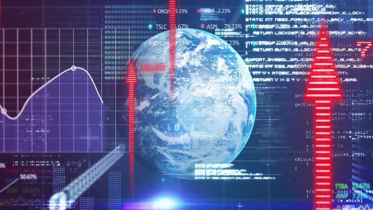 Animation of financial data processing with arrows and globe on blue background