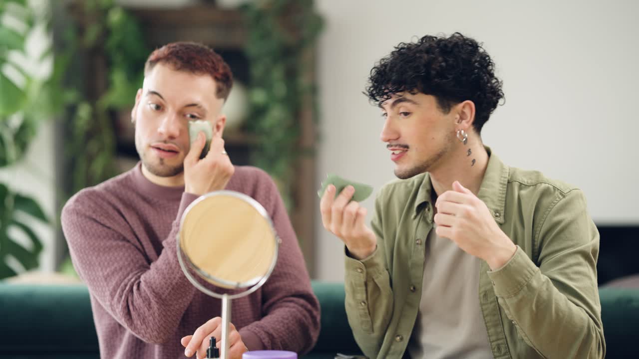 Two Young Men Applying Skincare with Gua Sha Facial Tools