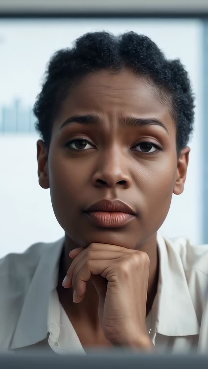 Vertical video: Opening eyes, woman in white shirt scanning new laptop data at office, hand on chin
