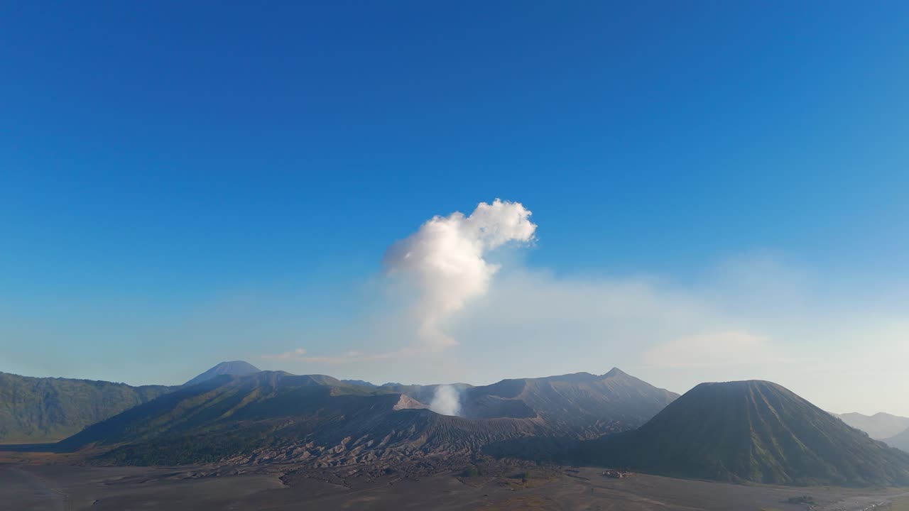 Lanskap Gunung Berapi Bromo Dengan Asap Mengepul Di Bawah Langit Biru Cerah, Tampilan Lebar