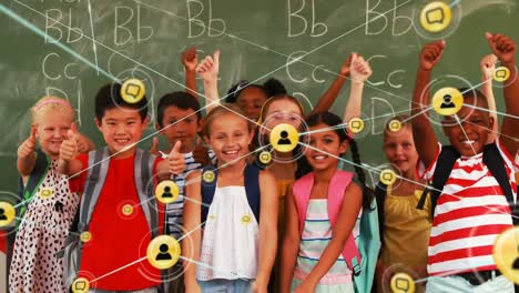 animation of kids standing by a blackboard over a web of connected social media signs in the backgro