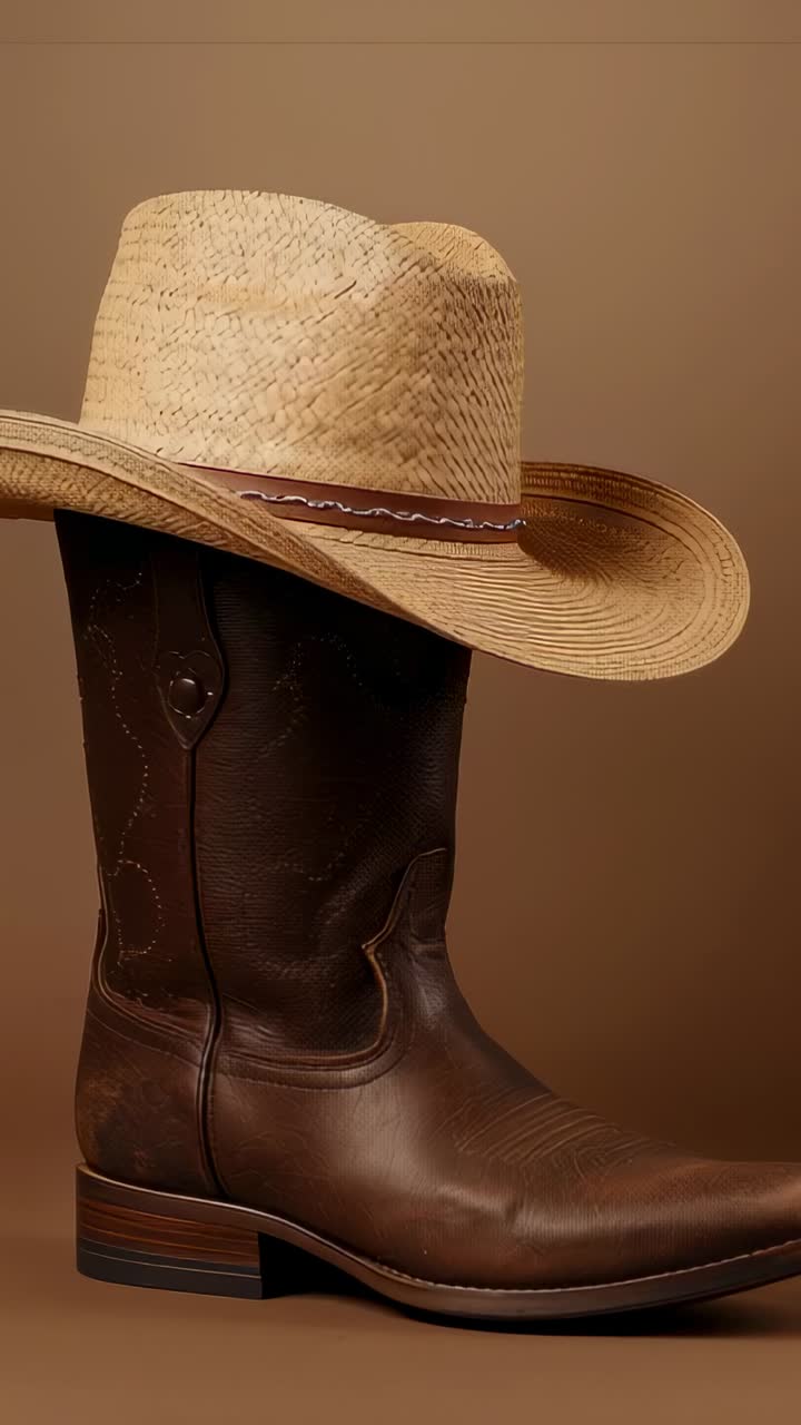 Vertical video: Turntable activating, spinning leather cowboy boot with straw cowboy hat in studio