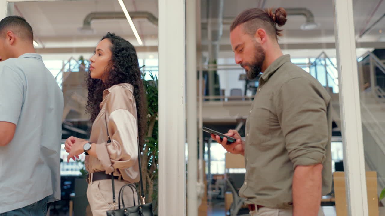 Office, diversity and queue with business people