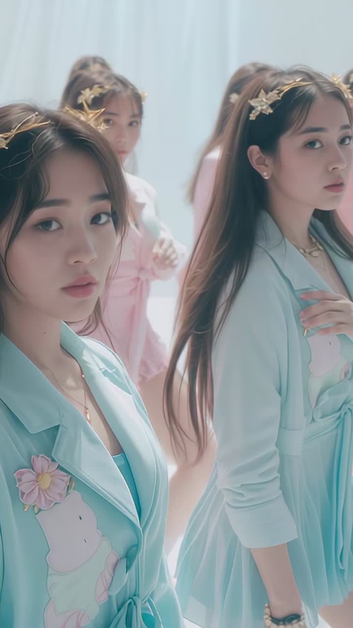 Vertical video: Camera panning dancers smoothing blazer knot in studio, showcasing pastel blazers