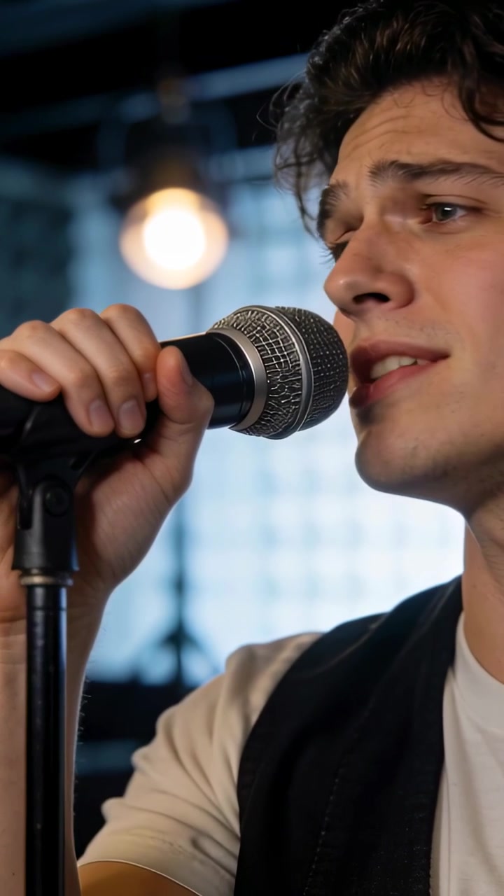 Video verticale: Cantante uomo in maglietta e gilet che tiene un microfono, canta e registra in studio.