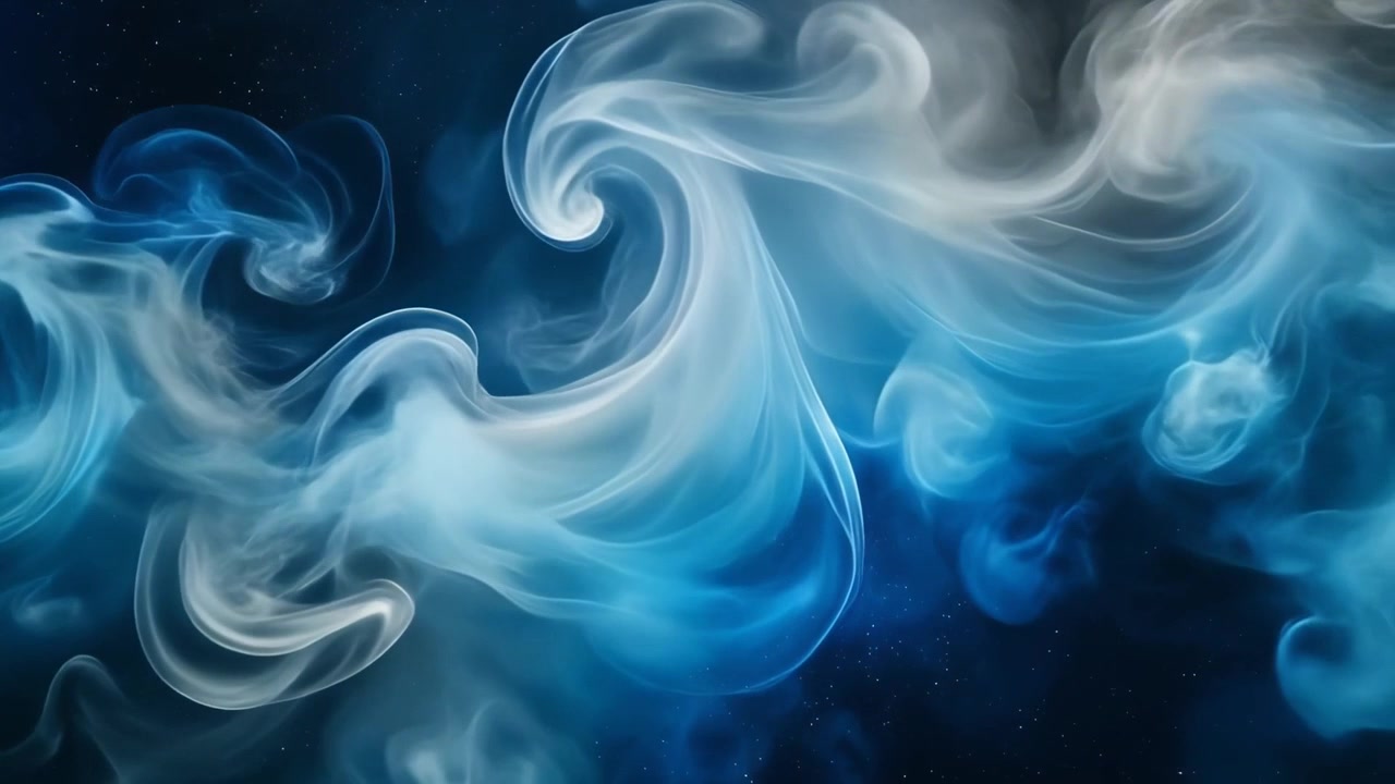 Fumo astratto blu e bianco che vortica su sfondo scuro