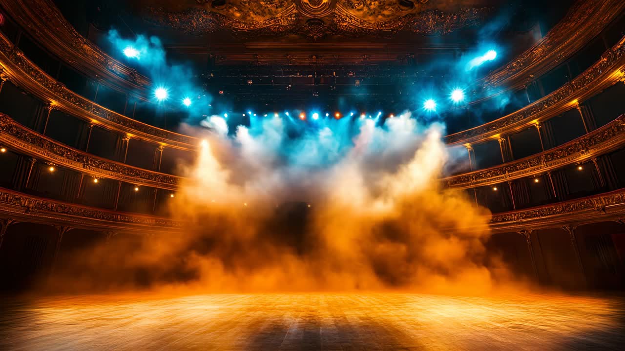 Empty Theater Stage with Colorful Lighting and Smoke