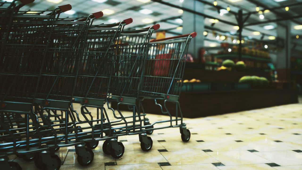 Shopping carts lined up in a spacious grocery store during daytime