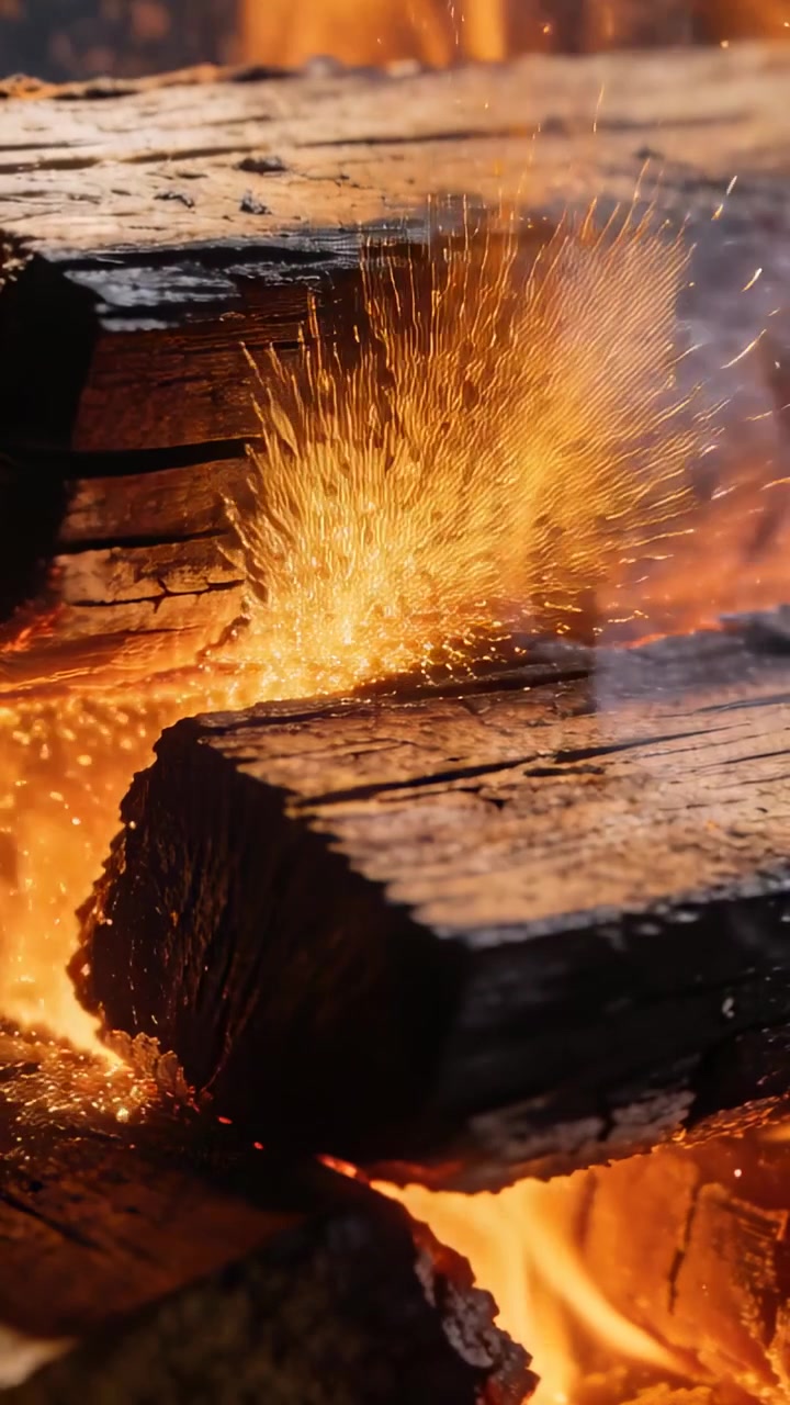 Video verticale: Ceppi di legno duro che scoppiettano, sprigionando scintille dalle fessure nel focolare mentre il legno carbonizza.