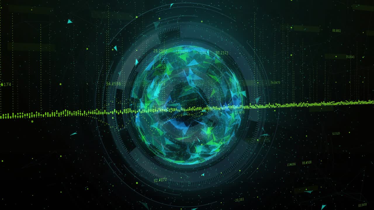 Numeric data floating causing ring rotating on sphere while pulsing showing realtime analytics