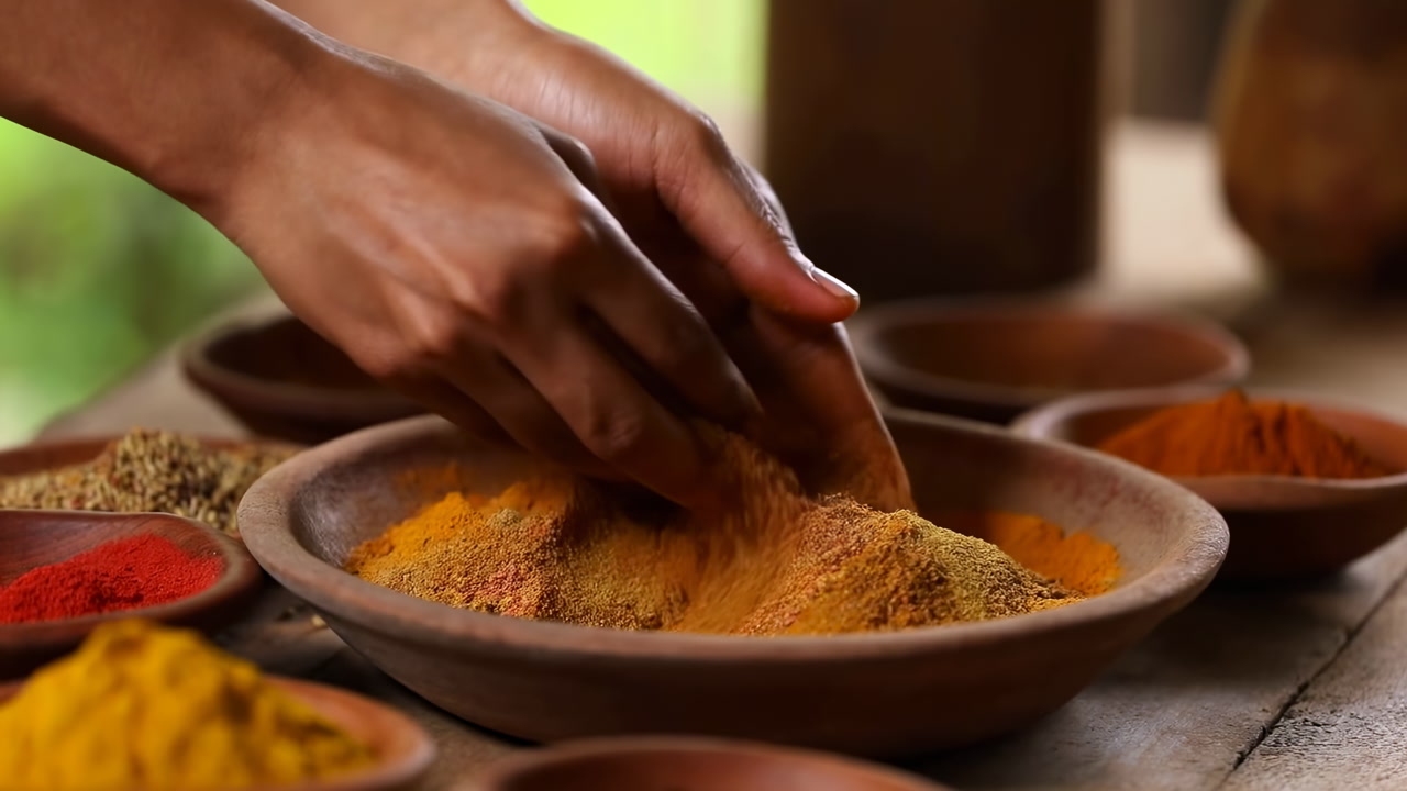 Indian Cook Hands Mixing Turmeric Powder And Spice Blend In Clay Bowl, Closeup Of Fingers Sifting Colorful