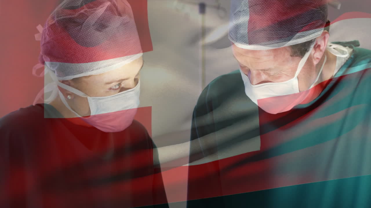 Surgeons performing surgery in OR, with Union Jack overlay highlighting medical technology