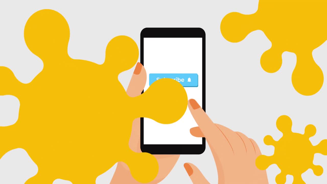 푸른 배경에 스마트폰을 사용하여 손 위에 떠다니는 코로나 19 세포의 디지털 애니메이션