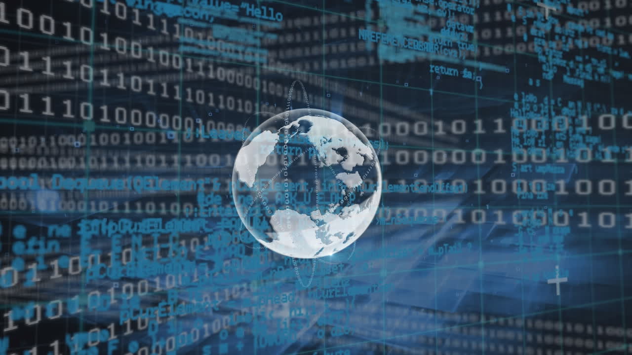 Animation of globe over data processing on black background