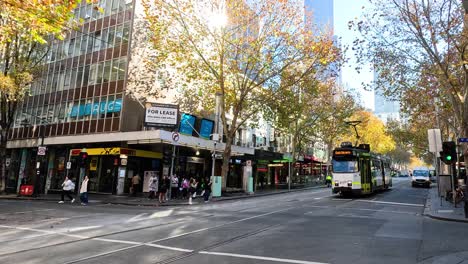 a tram moves through a busy melbourne street