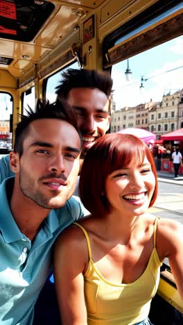 vibrant group of youths exploring the city in a summer tram.