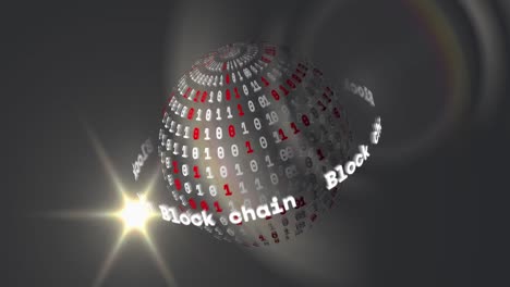 animation of block chain texts around binary codes forming globe, lens flare on abstract background