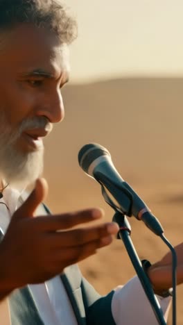 gathering of desert tribesmen listening to a speaker at sunset
