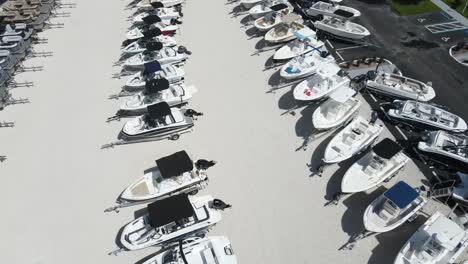 aerial spin over a large recreational boat sales yard full of new boats