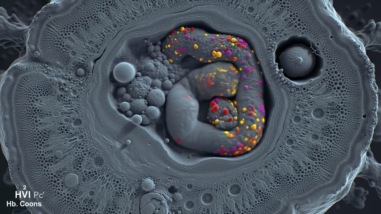 This captivating exploration highlights the complexity of cellular structures, showcasing swirling formations and vibrant colors that reveal internal processes and interactions within cells.