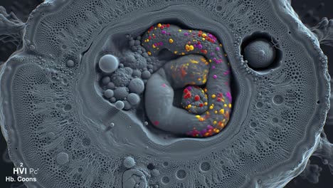 this captivating exploration highlights the complexity of cellular structures, showcasing swirling formations and vibrant colors that reveal internal processes and interactions within cells.